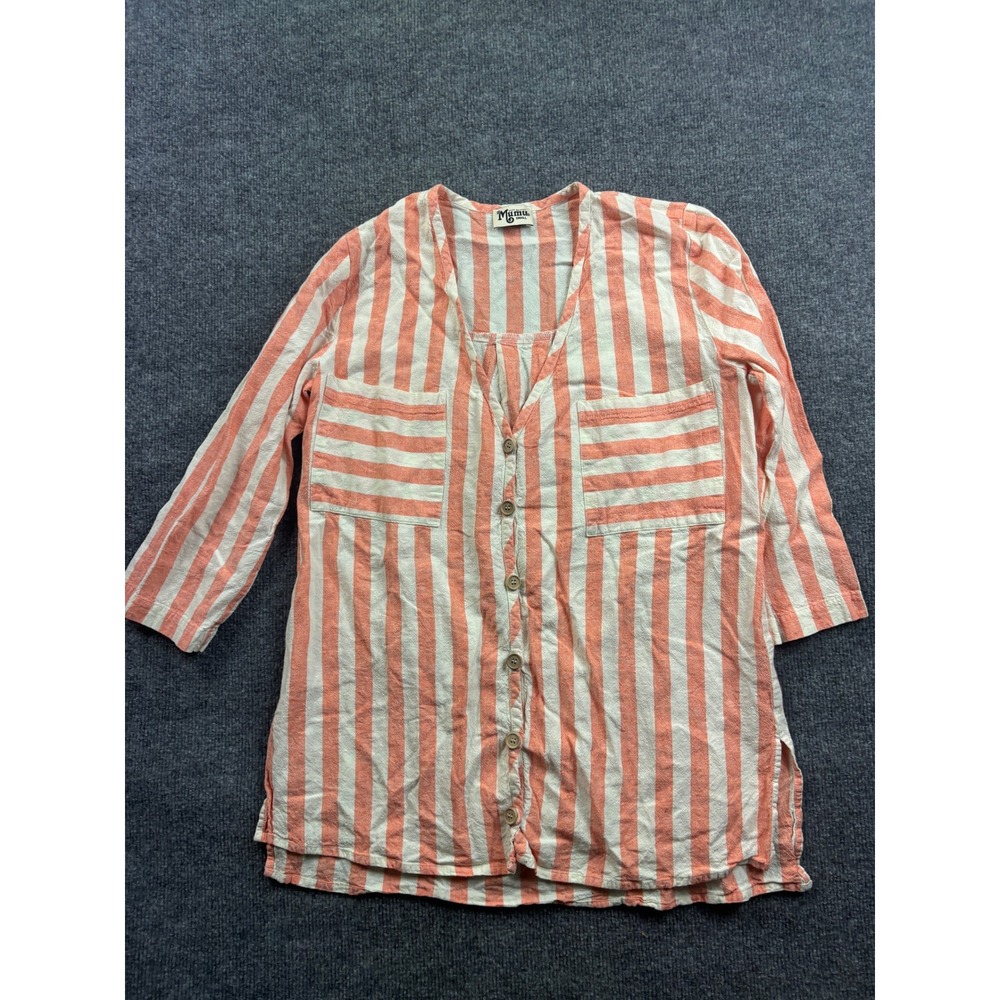 Show Me Your Mumu Button Down‎ Tunic Women S Orange Striped Linen Blend 3/4 Slv